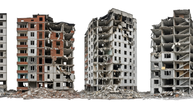 Collapsed apartment buildings with rubble piles in front of a isolated on a transparent background destruction