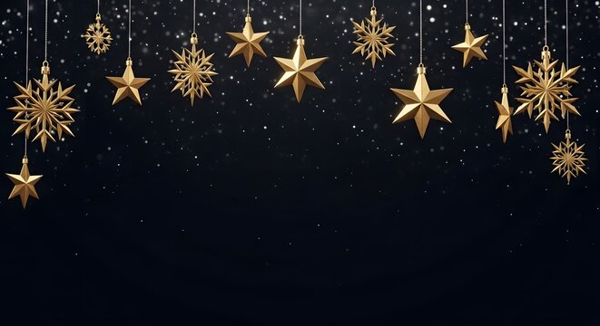 Golden christmas ornaments stars and snowflakes hanging on dark background