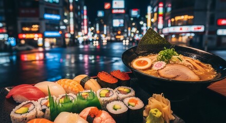Savoring Traditional Japanese Cuisine A Feast of Fresh Sushi and Warm Ramen in a Bustling Night City