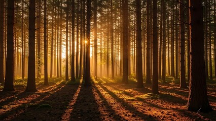 Obraz premium Golden Forest Sunrise: Sunbeams Through Tall Trees Natures Beauty.