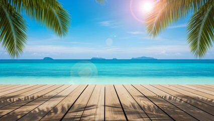 Fototapeta premium Tropical beach view with wooden deck and palm leaves overhead