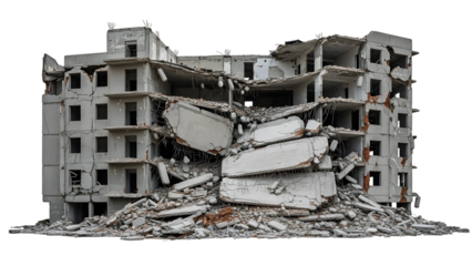 Collapsed concrete apartment building with debris and exposed rebar isolated on a transparent background