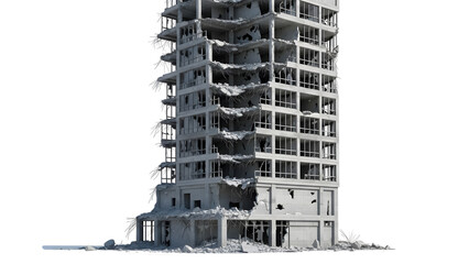 Collapsed concrete high rise building with broken windows and debris isolated on a transparent background