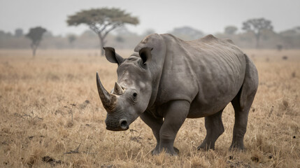 Obraz premium Rhinoceros walking through dusty savannah haze powerful portrait