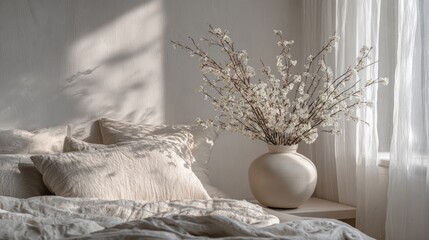 Bedroom interior with white blooming branches in vase creating a soft and tranquil atmosphere. Cozy home decor for relaxation. Light and shadow play.