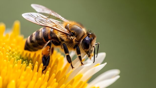 Intricate Macro of Honey Bee with Visible Pollen Basket on Bright Yellow Flower.