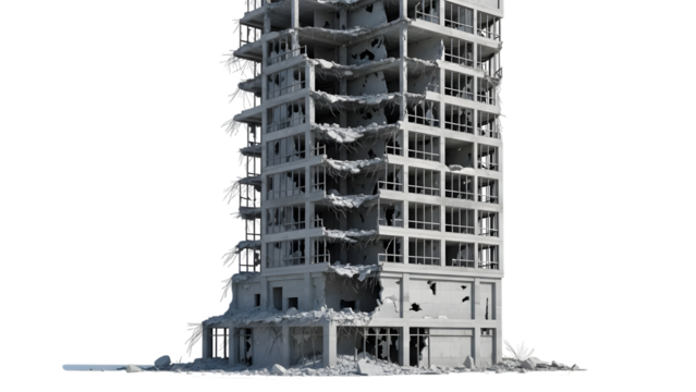 Collapsed concrete high rise building with broken windows and debris isolated on a transparent background - Powered by Adobe