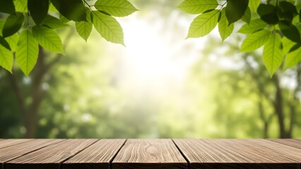 Wooden table with green leaves and blurred forest background