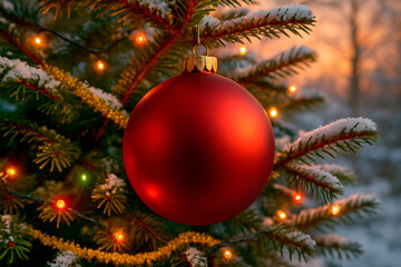 Red Christmas bauble hanging on snow-covered branch of an evergreen tree in forest at sunset. Mockup, placeholder for text