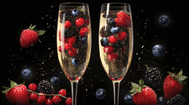 Two elegant champagne glasses filled with sparkling wine and vibrant berries, creating a festive and refreshing image.