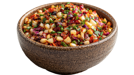 Chili flakes and garlic in small bowl, PNG, isolated on transparent background.