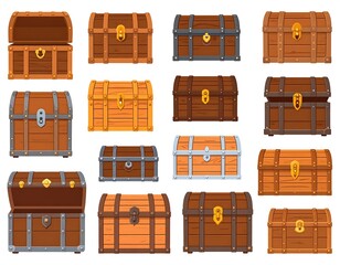 Variety of Antique Cartoon Wooden Chests, Isolated Vintage Treasure Boxes Collection