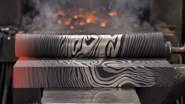 Blacksmith Shaping Hot Damascus Steel Material in Industrial Workshop
