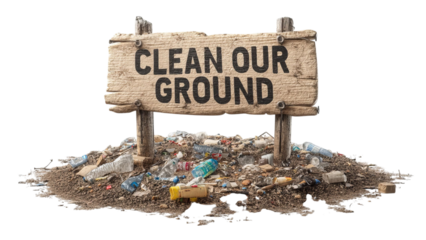 PNG of A wooden sign reading 'Clean Our Ground' stands above a pile of litter, highlighting the need for environmental awareness.