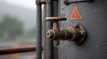 A rusty industrial valve with water droplets sits on a weathered tank with a warning sign