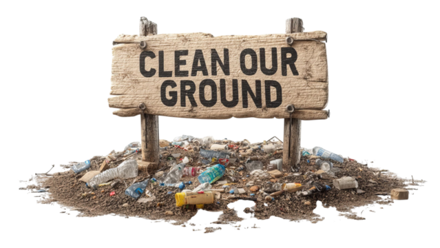 PNG of A wooden sign reading 'Clean Our Ground' stands above a pile of litter, highlighting the need for environmental awareness. - Powered by Adobe