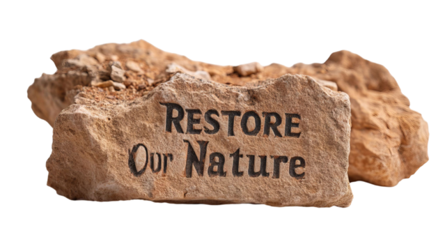 PNG of A weathered stone tablet engraved with the phrase 'Restore Our Nature,' symbolizing environmental conservation. - Powered by Adobe