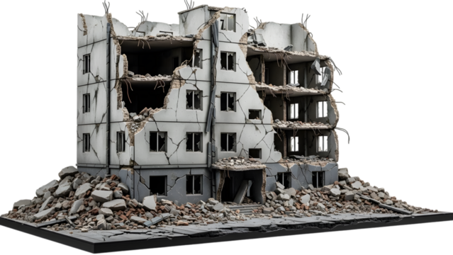 Collapsed multi-story concrete apartment building with broken windows and debris isolated on a transparent background