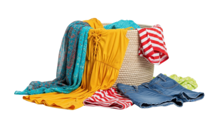 Laundry basket filled with colorful clothes isolated PNG with Transparent Background