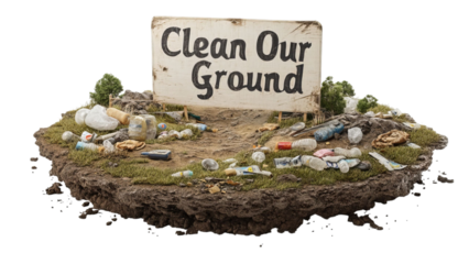 PNG of A vivid miniature model depicting pollution with a sign urging to 'Clean Our Ground', emphasizing environmental awareness.