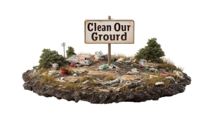 PNG of A striking diorama depicting environmental pollution, featuring a sign that urges viewers to 'Clean Our Ground'.