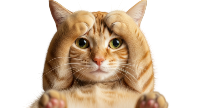Funny ginger cat covering its eyes with paws isolated PNG with Transparent Background