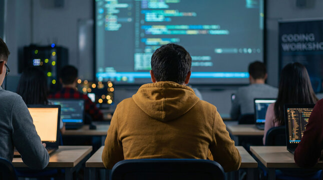 Rear view of focused students sitting at desks in a modern computer lab working on laptops while learning programming with code displayed on a projection screen.
