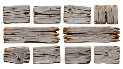 Collection of weathered grey wooden planks with visible grain and nails isolated on a transparent background