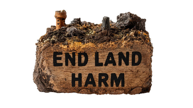 PNG of A rustic wooden block with the text 'END LAND HARM' emphasizing environmental awareness and sustainability.