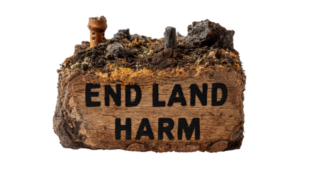 PNG of A rustic wooden block with the text 'END LAND HARM' emphasizing environmental awareness and sustainability.