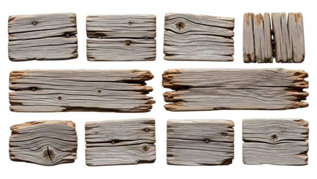 Collection of weathered grey wooden planks with visible grain and nails isolated on a transparent background