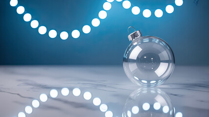 Clear glass Christmas ornament resting on a marble surface, reflecting soft blue lights, creating a serene holiday atmosphere with copy space for design