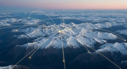Aerial view of snow-capped mountains with network connections.