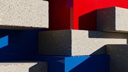 Abstract composition of grey concrete blocks with vibrant red and blue geometric planes creating a modern architectural detail.