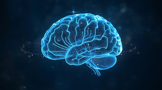A futuristic 3D AI brain hologram with glowing neon neural pathways, digital particles and transparent glass cortex. Perfect for tech, AI innovation, machine learning and sci-fi concepts. - Powered by Adobe