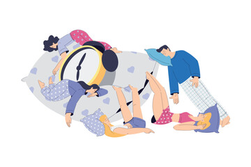 Sleepy Man and Woman Character Lying on Soft Pillow Vector Illustration