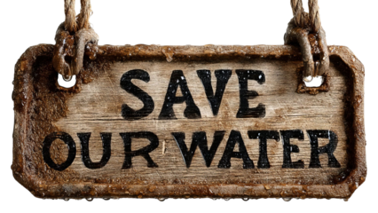 PNG of Rustic wooden sign reading 'Save Our Water' emphasizing the importance of water conservation.