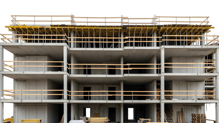 Concrete building under construction with wooden scaffolding and safety rails isolated on a transparent background