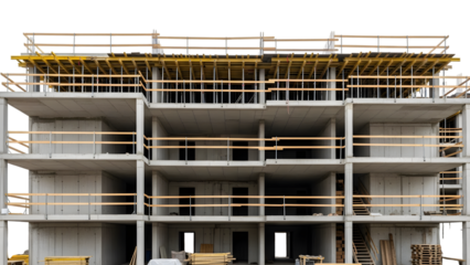 Concrete building under construction with wooden scaffolding and safety rails isolated on a transparent background