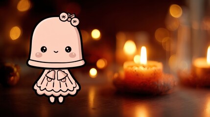 A cute cartoon character resembling a jelly dessert, set against a warm, glowing background with candles and soft lights, creating a cozy atmosphere, Christmas background with doodles