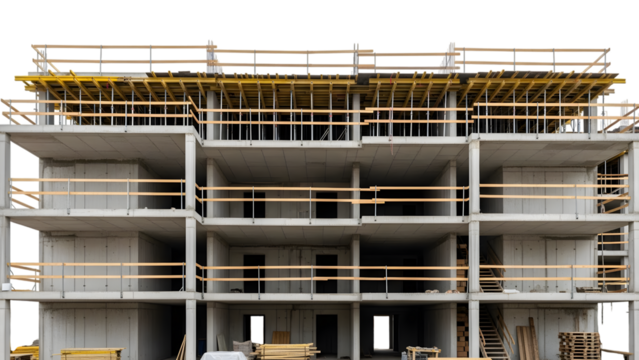 Concrete building under construction with wooden scaffolding and safety rails isolated on a transparent background