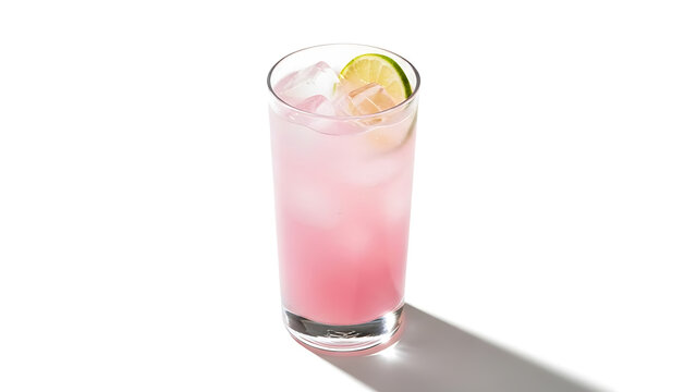 Refreshing pink lemonade cocktail with ice cubes and a lime wedge in a tall glass, isolated on white. Bright, clean, and summery aesthetic perfect for beverage ads or summer-themed content.