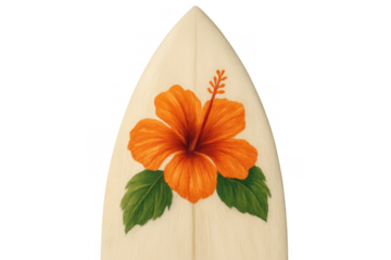 Surfboard featuring orange hibiscus design, symbolizing tropical vacation, summer sports, and beach lifestyle with transparent background