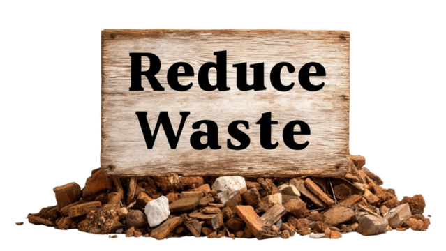 PNG of Sign advocating for waste reduction atop a pile of debris, emphasizing environmental awareness.
