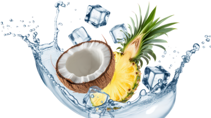 Tropical Splash of Coconut Pineapple and Ice Cubes Isolated on Transparent Background Illustrates Refreshing Summer Vibe and Natural Combination for a Healthy Drink