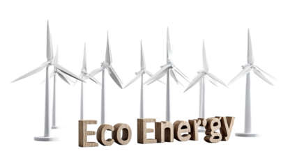 PNG of A group of wind turbines alongside the phrase 'Eco Energy', symbolizing renewable energy advancement.