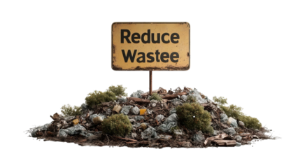 PNG of A weathered sign urging to reduce waste stands atop a mound of garbage, surrounded by patches of greenery.