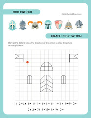 Pages for a children's activity book. The theme is a fairytale kingdom. Graphic dictation, ode one out. Fun activities for preschool children. Vector illustration.