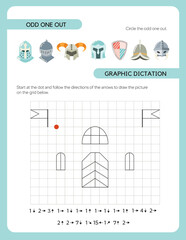 Pages for a children's activity book. The theme is a fairytale kingdom. Graphic dictation, ode one out. Fun activities for preschool children.