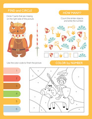 Pages for a children's activity book. The theme is a fairytale kingdom. Find and circle, How many and Color by number.  Kids book kingdom theme. Vector illustration.